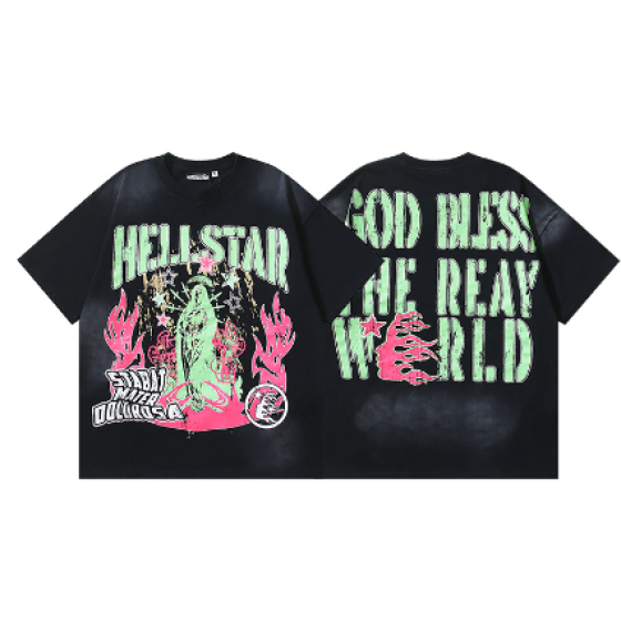 Hellstar Washed Retro Trendy Print Short-Sleeve T-Shirt